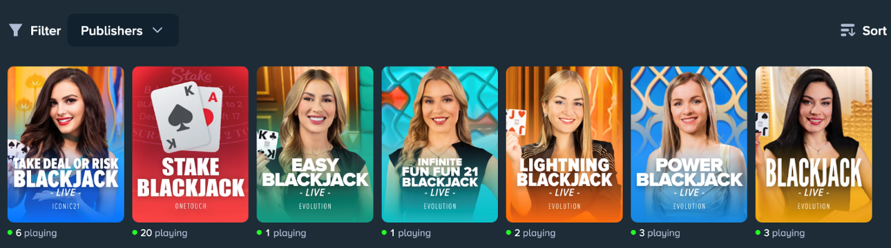 a panel of blackjack games at Stake.us